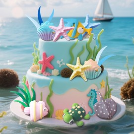 11 decoraciones de pastel bajo el mar, decoración de pastel de océano debajo del mar, suministros de fiesta de peces diablo, tortuga marina, estrella de mar, concha, decoración de pastel de peces