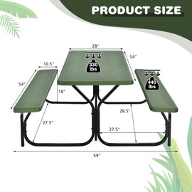 DORTALA Plastic Picnic Table for Outdoors, All Weather Faux Wood Patio Picnic Table with Benches, Picnic Table Set for Outdoor, Cafeteria and Commercial, Green