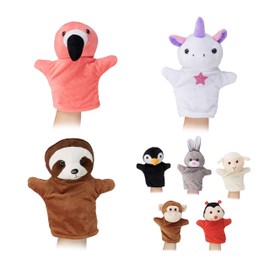 Relaxdays 10024372, Set of 8 Animals, Colourful Hand Puppets for Children, Monkey, Unicorn, Sloth, Flamingo, Hand Toy Dolls, Soft Plush