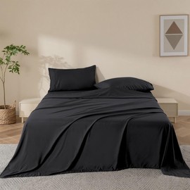 Ranunculus 4 Pieces Queen Bed Sheets, Soft Fitted Sheet Queen Size & Bedsheet & 2 Pillowcases, Washed Brushed Microfiber - Breathable, Wrinkle Free, Fade Resistant,Easy Care (Black,Queen)