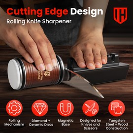 Knife Sharpener Tool, Rolling Knife Sharpener 5 in 1 Kit with Diamond and Ceramic Disc + Magnetic Knife Sharpener Base with 15° & 20° Angles & Scissor Slot - Roller Sharpener for Knives & Scissors