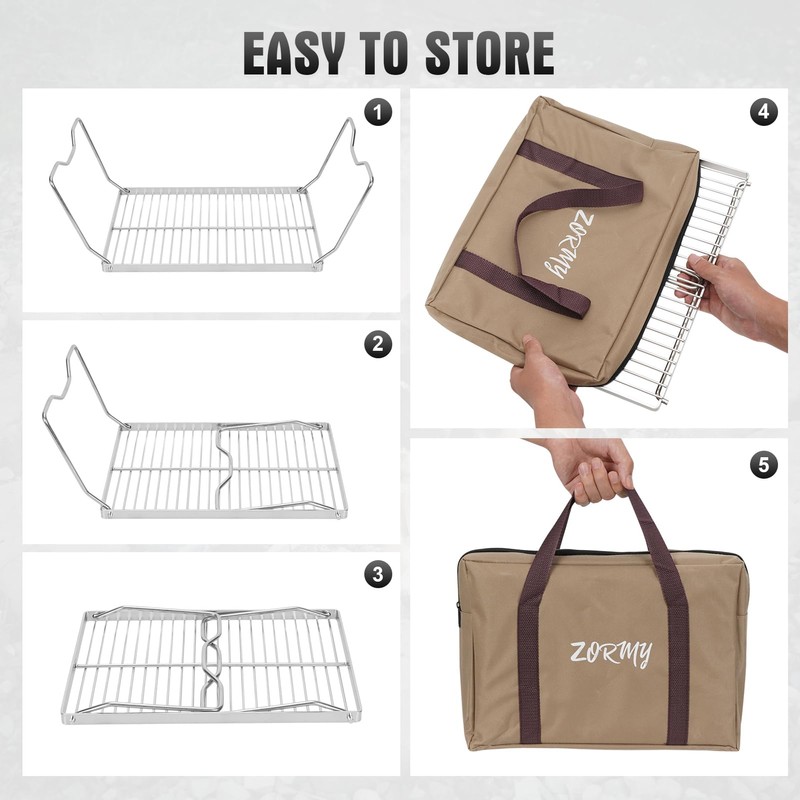 ZORMY 17" Large Folding Campfire Grill, 304 Stainless Steel Firepit