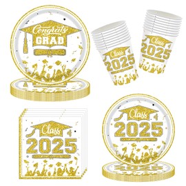 Bicuces 96 Pcs Graduation Party Tableware Graduation Party Decorations Congrats Grad Class of 2025 Plates Napkins Cups 2025 Grad Disposable Dinnerware for College High School Party Decorations