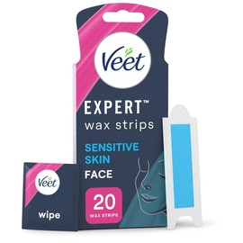 Veet Veet Expert Waxing Strips For Sensitive Skin - 20 Cold Wax Strips & 4 Finish Wipes For Eyebrow, Facial Hair Removal - Hydrating, Exfoliating, Ideal For Face