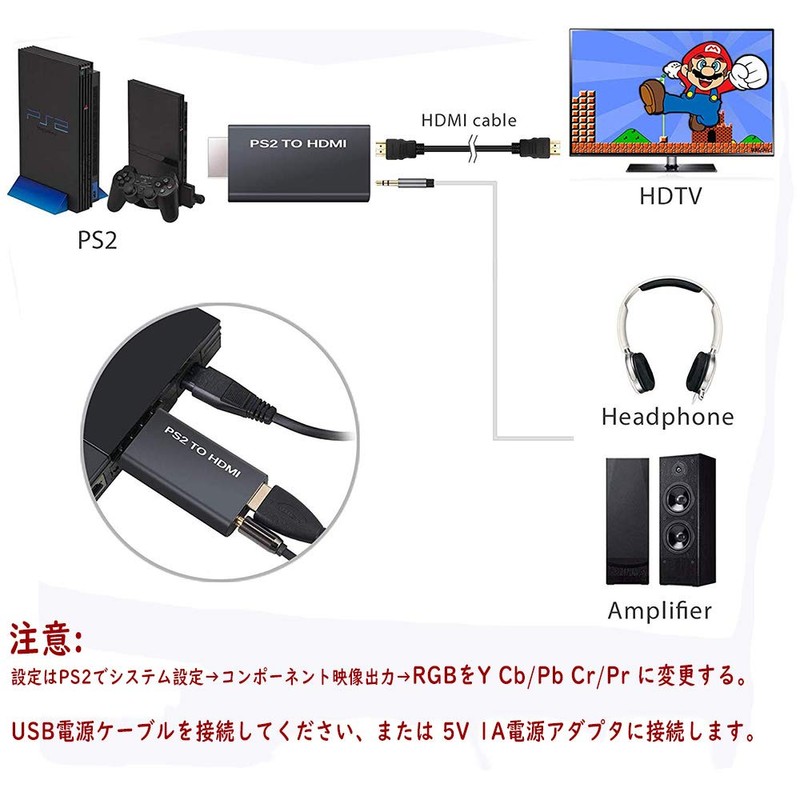 RGEEK PS2 to HDMI変換アダプタ-PS2 to HDMI コンバーター PS2専用HDMI, 1M HDMIケーブル付き+1M