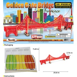 Puzzled 3D Puzzle Colorful Golden Gate Bridge Wood Craft Construction Kit Fun, Unique & Educational DIY Wooden Toy Assemble Model Pre-Colored Crafting Hobby Puzzle to Build & Decoration 37 Pieces Pack
