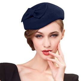 Sombrero clásico de fieltro francés boina fascinante para pastilleros, cóctel, fiesta, boda, iglesia, Fedora, marino, M