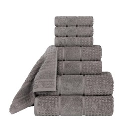 Superior Cotton 8-Piece Towel Set, Zero Twist, Waffle Border, Bathroom Essentials, Shower, Spa, Luxury Plush Soft Absorbent Towels, Includes 2 Bath, 2 Hand, 4 Washcloth/Face Towels, Charcoal
