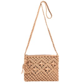 GVSAVY 1 Bohemian Shoulder Bag, Women's Woven Crossbody Bag, Vintage Tassel Beach Bag, Summer Casual Grass Woven Bag (Khaki)
