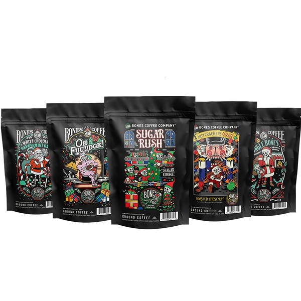 Bones Coffee Company Bones' Holiday Sample Pack Flavored Ground Coffee Beans Flavored Coffee Gifts | 4 oz Pack of 5 Assorted Medium Roast Low Acid Coffee Beverages (Ground)