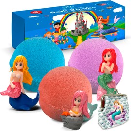 3 Bath Bombs for Kids with Mermaid Toys Inside + Bonus Wallet for Kids - Cool Surprise for Girls, Boys, Teens - Handmade in USA