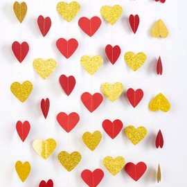 WEVEN Red Gold Heart Garland Streamers String Decorations - Ideal for Weddings, Valentine’s Day, Engagements, and Parties