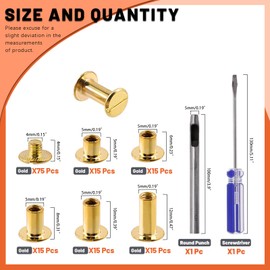 Tanstic 152Pcs(75 Sets) Chicago Screws Assorted Kit, M5 x 5/6/8/10/12mm Flat Head Leather Rivets Chicago Screws Binding Screw Posts Nail Rivet with Install Tool for Leather Craft Bookbinding(Gold)