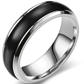 6mm Stainless Steel Black Enamel Filled Stackable Classic Plain Wedding Band Ring (Silver Black, 8)