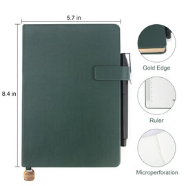 Hardcover Leather Journal Notebook A5 Lined 208 Pages 5x8.25 Inches Gold Edged Pages with Strap Closure Travel Work School Writing Journaling Notebooks for Women Men Gift Box Packaging Dark Green