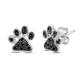 Jewelili Sterling Silver Black Diamond Dog Paw Stud Earrings, 1/5cttw