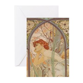 CafePress Mucha Art Nouveau In The Garden Greeting Cards Greeting Card (20-pack), Note Card with Blank Inside, Birthday Card Matte