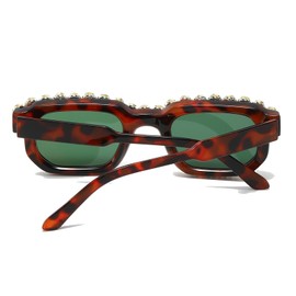 YAMEIZE Rectangle Rhinestone Sunglasses for Women - Men Retro Square Bling Diamond Sunglasses Funky Party Sun Glasses (Leopard Green)