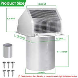 10 Inch Hooded Wall Vent with Screen and Damper, Exterior Wall Exhaust Vent Cover Cap for Kitchen Range Hood Dryer Ventilation and Outdoor Air Exhaust, Stainless Steel
