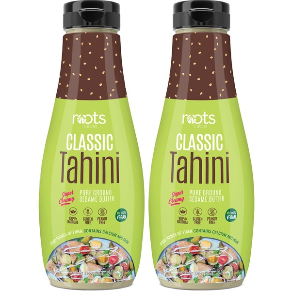 Roots Squeezable Classic Creamy Sesame Tahini | 2 Pack 12oz Plant-Based Ready Tahini Paste for Salad Dressing and Hummus | Certified Kosher, Peanut and Gluten-Free, Vegan, Non-GMO, and Keto Friendly
