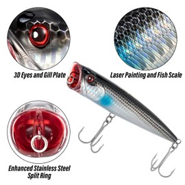 Dr.Fish Topwater Popper Saltwater Fishing Lures, 4 Inches GT Popper VMC Treble Hooks Surf Fishing Lures for Striper Pike Salmon Lures Bass Popper Fishing Plugs Offshore Chorme Black