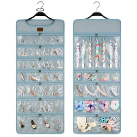 SMRITI Hanging Jewelry Organizer with Dual Zippered Pockets Canvas Double Sided Rotating Hanger Necklace Hanging Wall Organizer Earring Dustproof Holder Wall Mount Accessories Display Bag(Light Blue)