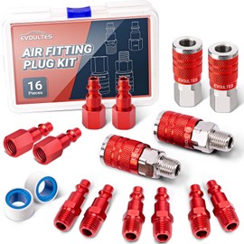 EVOULTES 16 Pieces Universal 1/4" NPT Air Hose Fittings & Coupler Kit, Lightweight Aluminium With Quick Connect Plug, Pneumatic Tool Fitting for Compressor Accessories