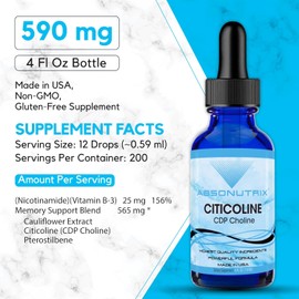 Absonutrix Citicoline 590 mg, 4 Oz Bottle, 200 Servings, Made in USA, Quick Absorption, Quality Potent Ingredients, Non-GMO, GMP Certified, Cruelty-Free Products