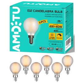 AMDTU 40W E12 Frosted Globe LED Bulbs, 2700K Warm White Dimmable Candelabra Base, Eye-Comfort Technology, Flicker-Free Decorative Lighting for Chandeliers, Dining Room, Vanity, and Bathroom Fixtures