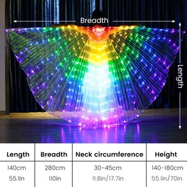 LED Isis Wings Belly Dance Wings Colorful LED Butterfly Wings with 2 Light Mode & Telescopic Sticks Glowing Light Up Costume Performance Clothing for Carnival Stage Cosplay (Colorful light, Adult)