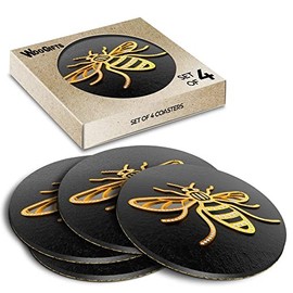 4 x Round Coasters - 3D Manchester Bee Logo Cork Backed MDF Glossy Tea Coffee Accessory #50003