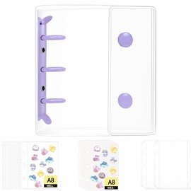 Sealing Book, Transparent A8, Mini Binder (10 Refills + 10 Transparent Peel Paper Stickers + 2 Zippered Pockets x 2 Sheets), PET Sheet, Removable, Lightweight, Clear Binder Sticker Notebook, Advocation Collection, For Present (Purple)