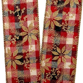 2 1/2" X 10 Yards Gold Poinsettias On Plaid Wired Ribbon Christmas