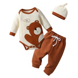 Newborn Baby Boy Outfit Long Sleeve Cartoon Bear Print Romper Jumpsuit Pants Hat Fall Winter Clothing Beige 6-9 Months