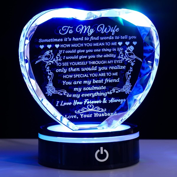 YWHL Gifts for Wife with Colorful LED Base I Love You Gifts for Her from Husband Best Anniversary Birthday Wife Gift Ideas Romantic to My Wife Crystal Keepsakes Presents for Valentine's Day Christmas