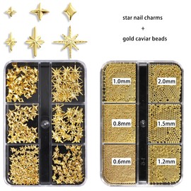 Fspronail Star Nail Charms, 2 Boxes Gold Nail Charms Twinkle Stars Cross Metal Charms for Nails Design Studs Rivets Mix Size Gold Caviar Nail Beads Y2K Decoration for Acrylic Nails