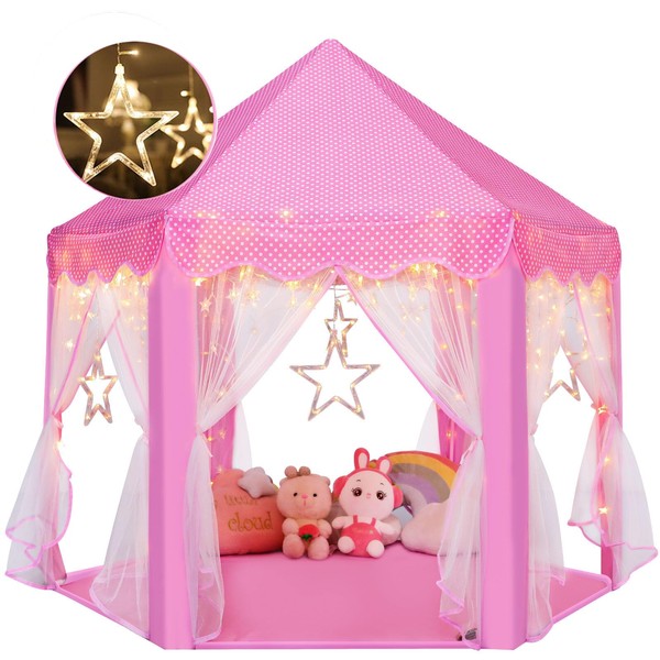 Monobeach Princess Tent Girls Large Playhouse Kids Castle Play Tent with Star Lights Toy for Children Indoor and Outdoor Games, 55'' x 53'' (DxH) (Pink Princess Tent with Large Star Lights)