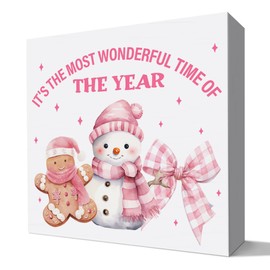 Pink Christmas Wood Sign, Merry Christmas Reindeer Snowman Decor for Girls Bedroom Home Bathroom Office Shelf Xmas Holiday Decoration, It's The Most Wonderful Time of The Year