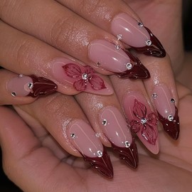 LPOODDNU Red French Tip Press on Nails Almond - Medium Flower Fake Nails with 3D Crystal Diamond Designs, Glossy Finished Reusable False Nails with Glue Tabs - 24Pcs Nail Kit for Women Manicure