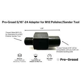 Pro-Graad 5/16”-24 Threaded Adapter for M12 Polisher/Sander, M9x0.75 Male x 5/16-24 Female Adapter, Compatible for M12 Sander/Polisher and 5/16-24 Threaded Backing Pads