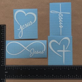 Jesus Decals 4 Pack: Jesus Heart, Jesus Cross, Jesus Infinity, Cross Heart (Small ~3.5", White)
