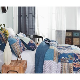 Tache Cotton Patchwork Vintage Bohemian Paisley Floral Damask Green Purple Blue Colorful Lightweight Coverlet Night Flower Quilt Set, California King