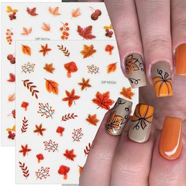 6 Sheets Fall Nail Stickers for Nail Art 3D Self Adhesive Maple Leaf Nail Art Stickers Autumn Thanksgiving Nails Design Leaves Floral Pumpkin Nail Decals for Women DIY Sliders Manicure Decorations