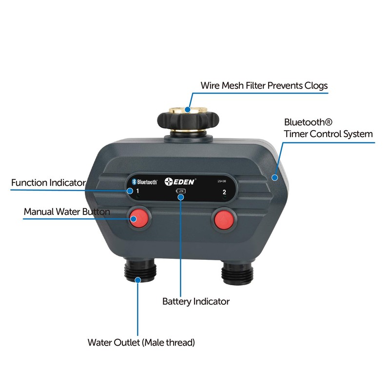 Eden 93442 2-Zone Bluetooth Water Timer for Smart Irrigation -