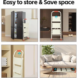 Foldable Step Ladder Folding Stool - 600Lbs Heavy Duty with Handrails for Home Adults Kitchen 3 Stepping Extension Tall - Indoor House Closet Stepstool Stair Ladders Extendable Stepladder