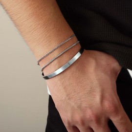 MBW Silver Cuff & Chain Bracelet Set for Men, Cool Mens Stainless Steel Non Tarnish Snake Link Cuban Chains & Open Bangle Bracelet, Fashion Stackable Jewelry Gifts for Dad Husband