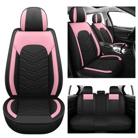 AOOG Leather Car Seat Covers 5PCS Full Set, Breathable Leatherette Automotive Seat Covers, Non-Slip Universal Interior Covers Waterproof for Most Sedans SUV Trucks, Airbag Compatible, Pink