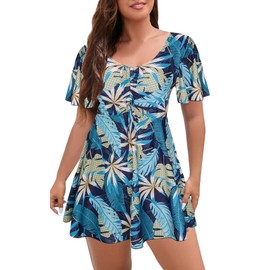 ECUPPER Womens One Piece Swimsuit with Sleeves Plus Size Swim Dress Modest Tummy Control Skirt Bathing Suit Built in Shorts Blue Leaf
