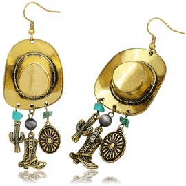 Vintage Western Big Cowboy Hat Earrings for Women, Turquoise Cactus Navajo Pearl Boots Boho Country Concert Outfit Concho Drop Dangle Earrings,Vintage Gold