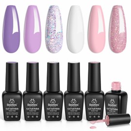 Beetles Purple Gel Nail Polish Set, 6 Colors Spring Glitter Pink Milky White Romantic Garden Collection Gel Polish, Soak Off Uv Led Lamp Cured Diy Manicure for Women | beetles Gel Polish